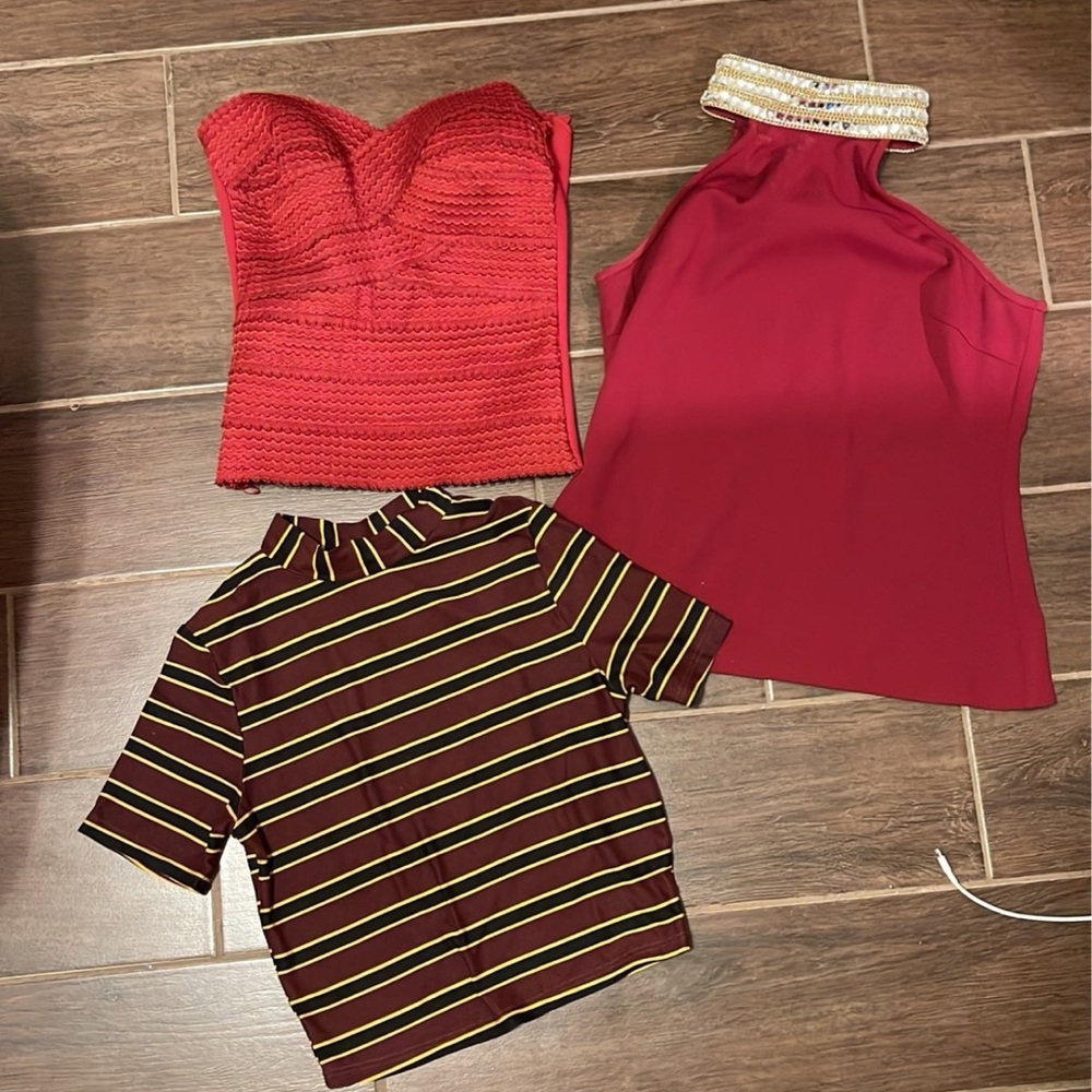 Red Ribbed Peplum Blouse with Polo Collar